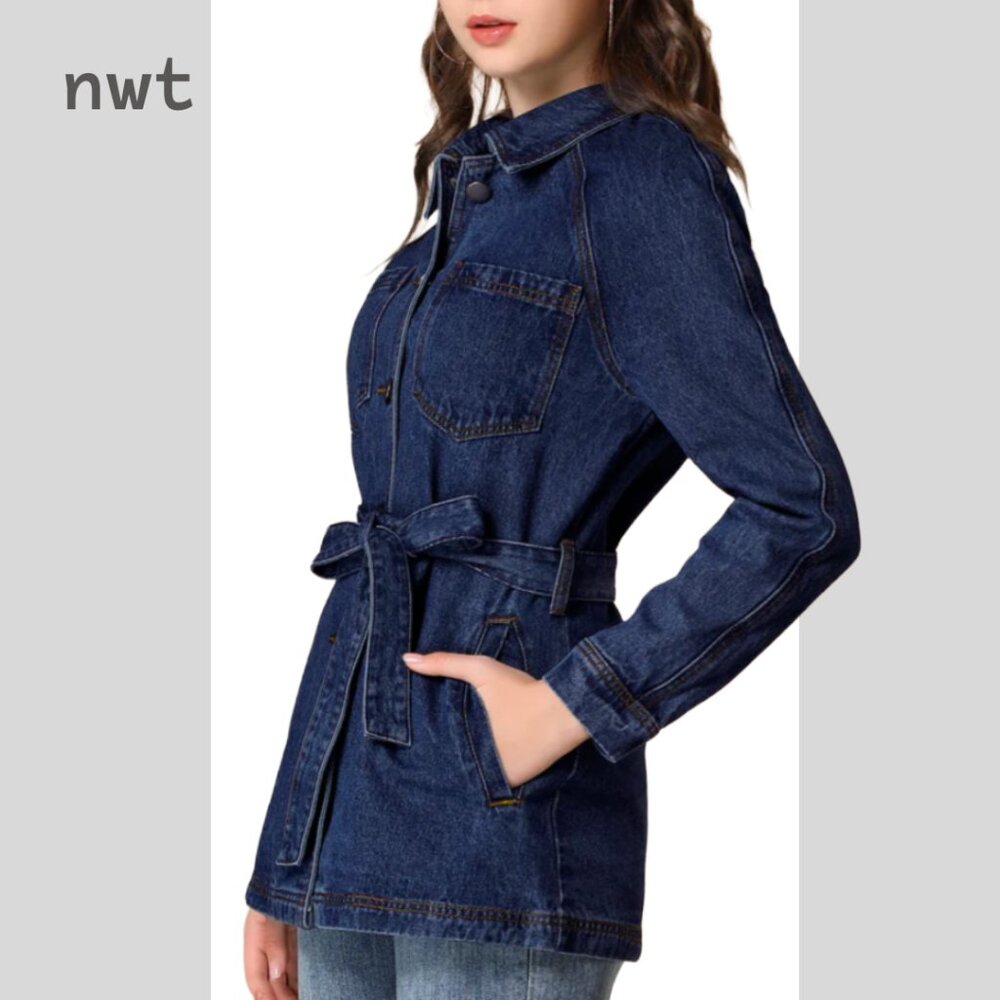 NWT Jean Jacket Long Sleeves Button Down Tie Belt Waist Casual Denim Jacket, XS